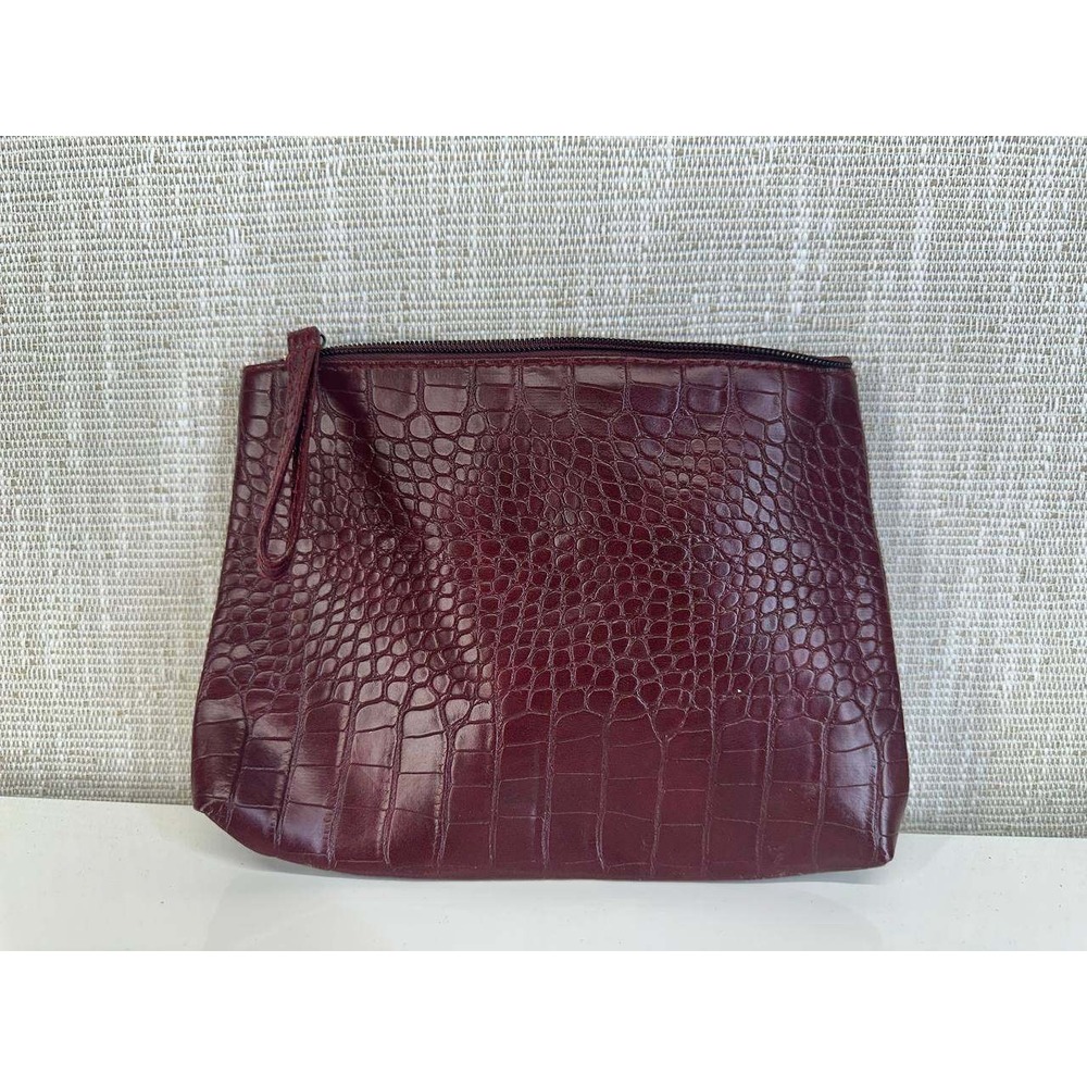 Burgundy Faux Crocodile Embossed Clutch Cosmetic Bag‎ Vegan Leather 053 (31)